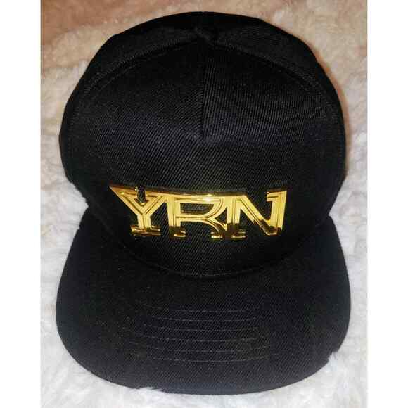 NEW YRN Metal Gold Logo Men Adjustable Snapback Black Hat Cap Wool Blend NWT - Picture 2 of 6